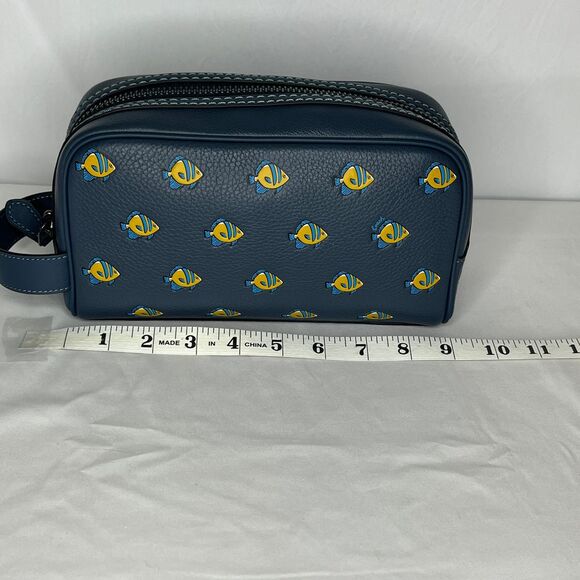 Coach New York Navy Blue Leather Cosmetic Bag, Yellow Fish Print, Dust Bag, NWT - Picture 13 of 13